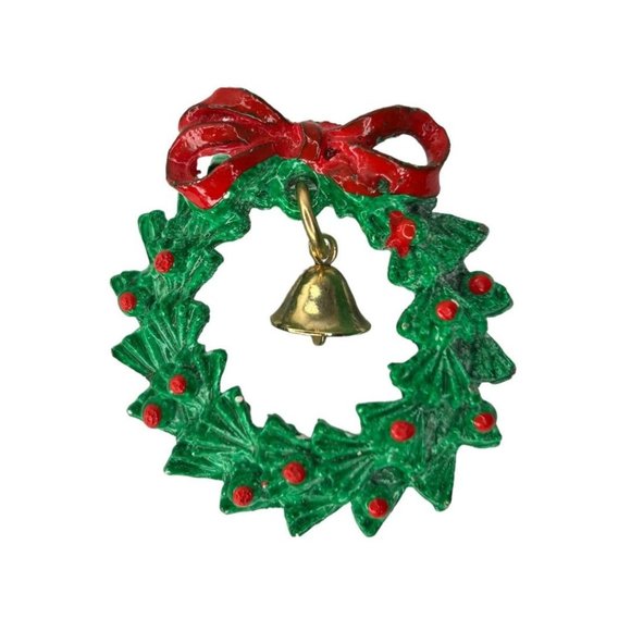 Vintage Holiday Christmas Wreath with Bell Brooch Pin 1 5/8" Diameter - Picture 1 of 5